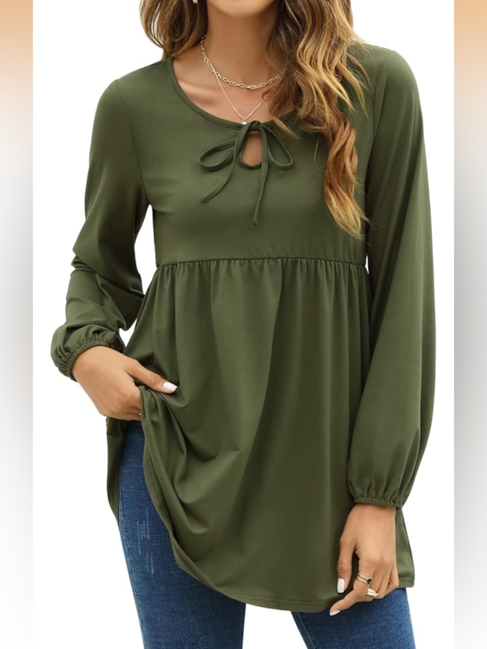 Olive Green Keyhole Tie Long-Sleeve Women's Maternity Babydoll Blouse